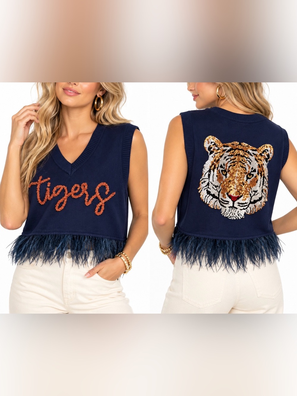 Queen of Sparkles Tigers Sequin Feather Fringe Sweater Vest XS Navy Blue Orange